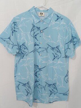 Surfcuz Marlin Fish Button Up Shirt Men's Medium Blue Hawaiian Beach NWT Coastal